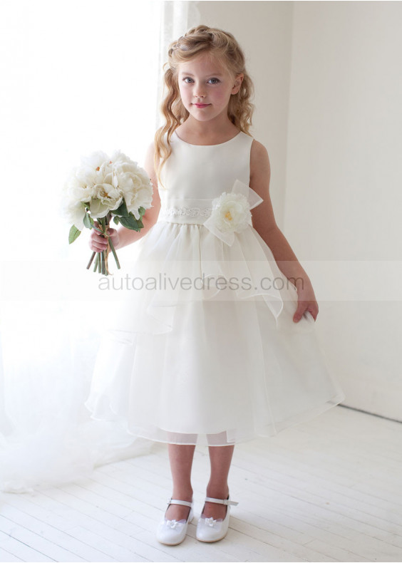 A-line Boat Neck Organza Knee Length Tiered Flower Girl Dress With Decorated Flower Sash